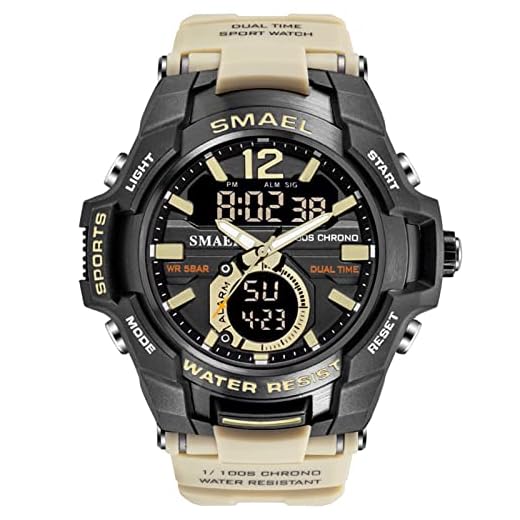 SMAEL Reloj Militar Digital para Hombre, 5atm Resistente Al Agua AnalóGico Cuarzo CronóGrafo, Deportes Exteriores Multifuncion Casual Relojes, Pantalla De 12/24 Horas,Caqui
