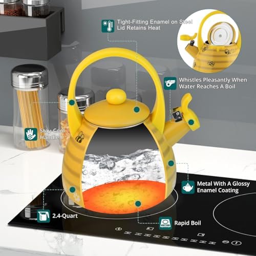 Whistling Tea Kettle for Stove Top Enamel on Steel Teakettle, Supreme Housewares Bee Hive Design Teapot Water Kettle Cute Kitchen Accessories Teteras (2.4 Quart, Bee Hive) - Thumbnail 5