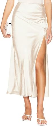 Ezcosplay Womens Satin Silk Maxi Skirt with Slit Elastic High Waist Sexy Thigh Split Silky A Line Long Skirts