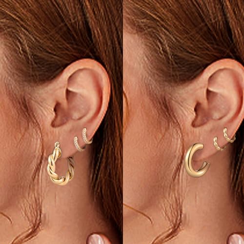 6 Pairs Gold Hoop Earrings for Women, 14K Gold Plated Chunky Huggie Hoop Earrings Set Hypoallergenic, Lightweight Twisted Open Hoops Jewelry for Christmas/Birthday Gifts.3