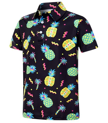 Cuddomper Boys Polo Hawaiian Shirt Size 13-14 Tropical Neon Pineapple & Palm Tree Short Sleeve Golf Shirts Performance Dry Fit Tops for Active Casual