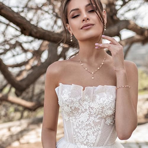 Image of EVER FAITH Cubic Zirconia Pearl Leaf Bridal Jewelry Set for Bride Women