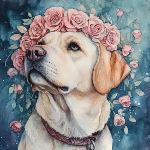 Kit broderie perles Labrador et roses pour décoration murale salon DIY