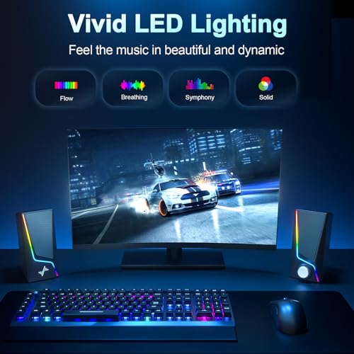 Image of Nylavee Computer Speakers with Subwoofer, 2.1 PC Speakers System with 8 Lighting Modes, 60W Peak Power, AC Adapter Powered, Bluetooth 5.4, USB /USB-C and 3.5mm Aux in for Desktop, Monitor, Gaming