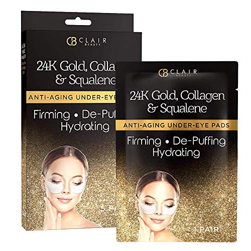 CLAIR BEAUTY 24K Gold, Collagen & Squalene Anti Aging Under Eye Mask Pads - Hydrating, Firming & De-Puffing | Reduces Fi