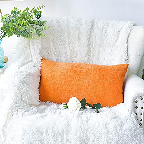 Image of CaliTime Pack of 2 Cozy Bolster Pillow Covers Cases for Couch Sofa Home Decoration Solid Dyed Soft Chenille 12 X 20 Inches Bright Orange