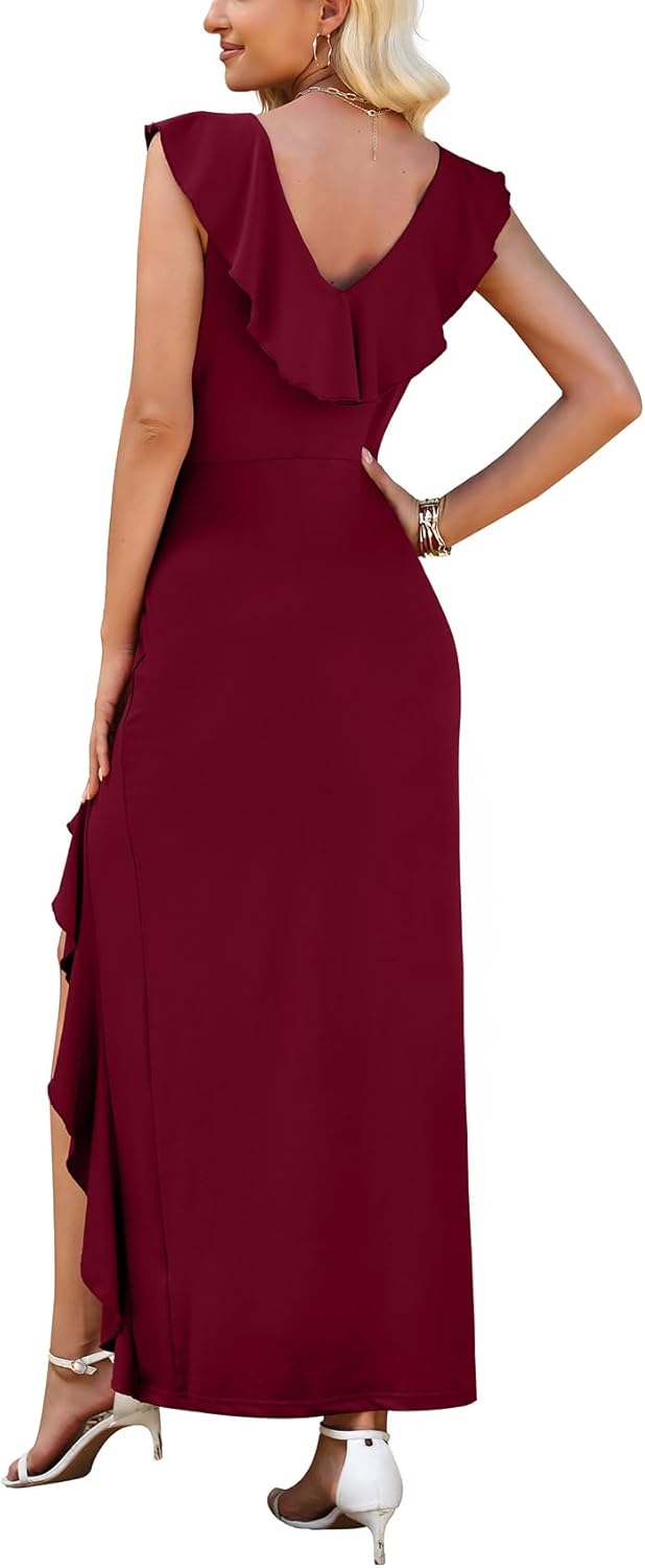 WEACZZY Women V Neck Sleeveless Casual Maxi Dress Petal Wrap Ruffle Backless High Slit Cocktail Party Long Dresses - Image 5
