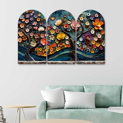 Image of Livin'luxe Colorful 3D Floral Arch Shape Wall Painting Set of 3 | Sparkle Laminated HD Print on MDF | Vibrant Flower Artwork for Living Room Bedroom Hall Home Decor (24 x 36 Inch) RPNM-35353