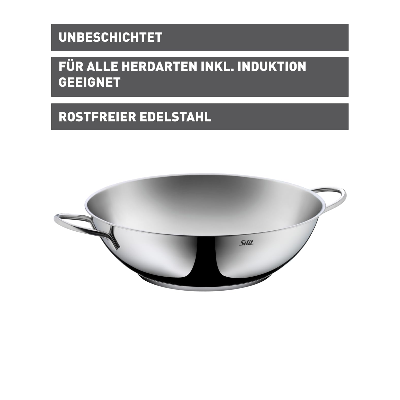 Silit Wok 32 cm, Wokpfanne Induktion, schonendes Braten mit wenig Fett, spülmaschinengeeignet, für alle Herdarten geeignet, Edelstahl Wok unbeschichtet