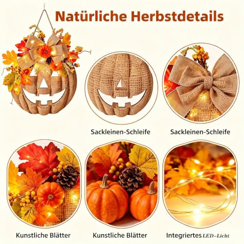 Beleuchteter Holz-Kürbis Türhänger, Beleuchtetes Halloween Türschild, LED Kürbis Wanddekoration, Herbst Schaufensterdekoration, Landhausstil Deko, Hängende Herbstdekoration – Bild 5