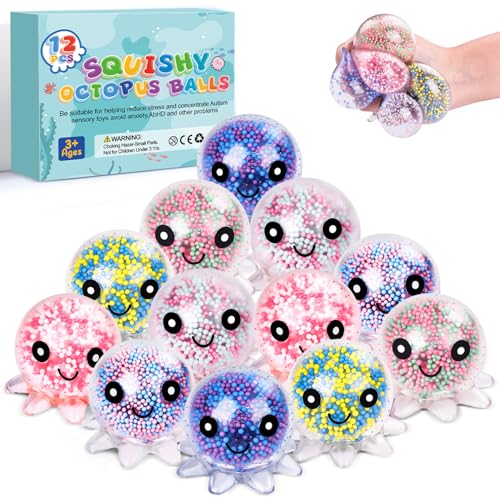 12 Pack Fidget Stress Balls for Adults, Cute Octopus Stress Relief Stress Ball, Bulk Squishy Squeeze Ball Set and Birthday Party Favors