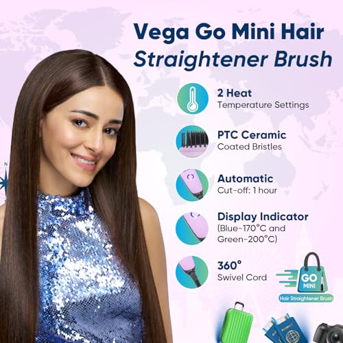 Vega Mini Hair Straightener Brush-Natural Straight in Few Min for Women | Thermoprotect Technology, Ceramic Coated Bristles | 2 Heat Settings, Straightening Brush, Hot Brush, (Go Mini Series, VHSB-05) view 2