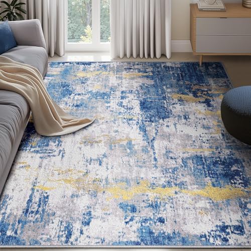 Washable Area Rugs 5'x7' Non-Slip Modern Abstract Soft for Living Room Entryway Bedroom Nursery, Print Pattern, Grey Blue Gold/Golden
