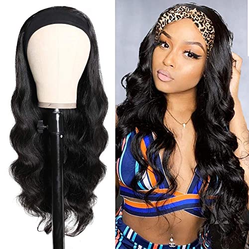 Headband Wig Human Hair Wigs for Black Women Human Hair Headband Wig 20 Inch Body Wave Wet and Wavy Wig Glueless Human Hair Wig Machine Made None Lace Front Wig Natural Color 150% Density