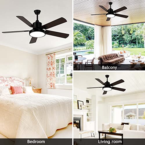 Clugoj Ceiling Fan With Light, Outdoor Black Ceiling Fan With Remote, 52-Inch Black Ceiling Fan With 5 Reversible Walnut/Black Blades For Patio Farmhouse Bedroom, Matte Black #TOP5