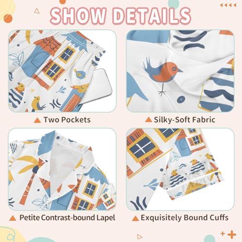 senya Cartoon Beach House Satin Summer Pajama Sets Silk Short Sleeve Button Down Sleepwear3