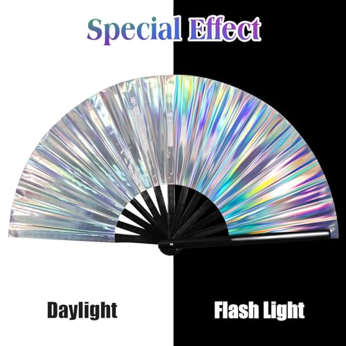 Image of FairySandy Large Rave Fan UV Glow Clack Summer Hand Fan with Thigh Holster for Women Carnival Party Supplies for Carnival Edm Music Festival Club Accessories(Laser,Laser Color)