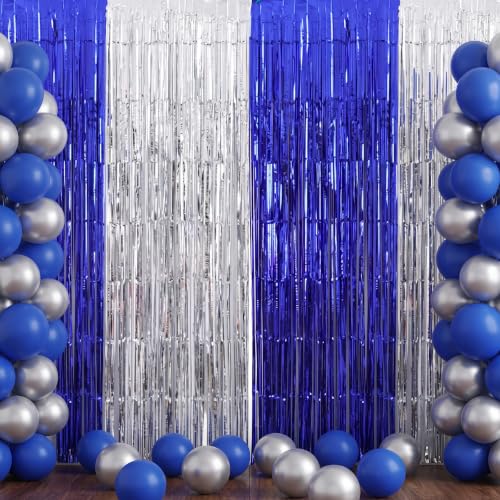 Image of TONIFUL 2Pcs Blue and Silver Metallic Tinsel Foil Fringe Curtains Streamers | 3.3ftx6.6ft Photo Booth Backdrop Tinsel Streamer Curtain for Boys' Men's Birthdays Baby Shower Retirement Graduation Party
