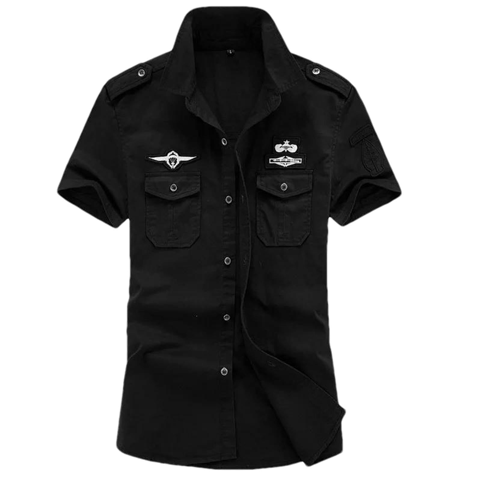 Camicia da uomo a maniche corte in cotone stile militare Button-Down camicie casual ricamate con tasche sul petto