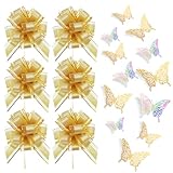 JESTOP 6Pcs Pull Bows Gift Wrapping, Birthday Gift Bows, 6In Big Glod Bow & 24Pcs Butterflies Flower Decor, Mother's Day Ribbon Bows for Party Decor, Graduation Gift Baskets, Wedding Decor
