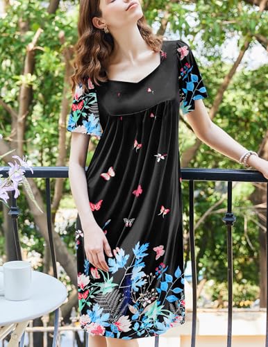 Image of Ekouaer Women's House Dress - Pleated Nightgown with Short Sleeves & Pockets