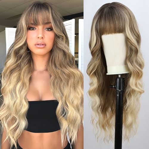 BOGSEA Ombre Blonde Wig with Bangs Long Blonde Wig for Women 26 Inch Synthetic Heat Resistant Fiber Wigs for Daily Party