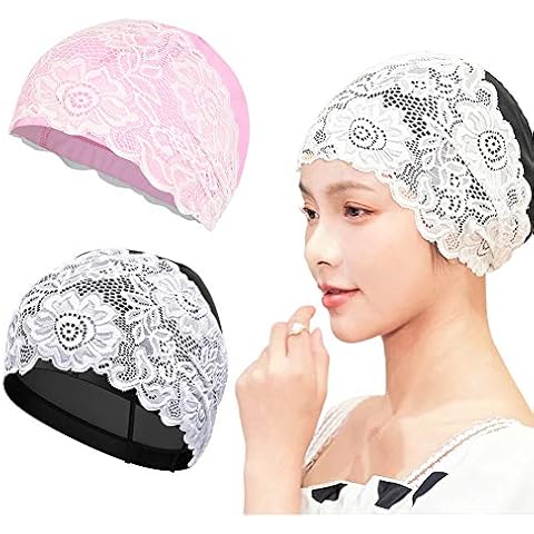 2Pcs Women Swim Cap Lace Flower, BKJJ Adult Lace Swimming Cap, Women's Fashion Waterproof Swimming Cap, Protecting Hair Ear Protection Design Lace Fit for Long Hair and Short Hair(Black,Light Pink) Cover