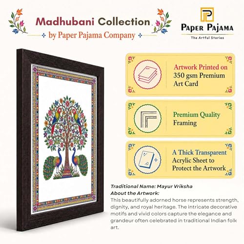 Image of PAPER PAJAMA Madhubani Tree of Life Wall Art for Living Room | Peacock & Parrot Folk Art Painting | Traditional Mithila Framed Decor for Home, Office & Bedroom (10x13 Inches)