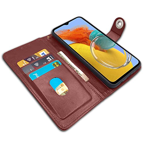 Image of Pikkme Samsung Galaxy M14 5G Flip Cover Leather Finish | Inside TPU with Card Pockets | Wallet Stand and Shock Proof | Complete Protection Button Flip Case (Brown)