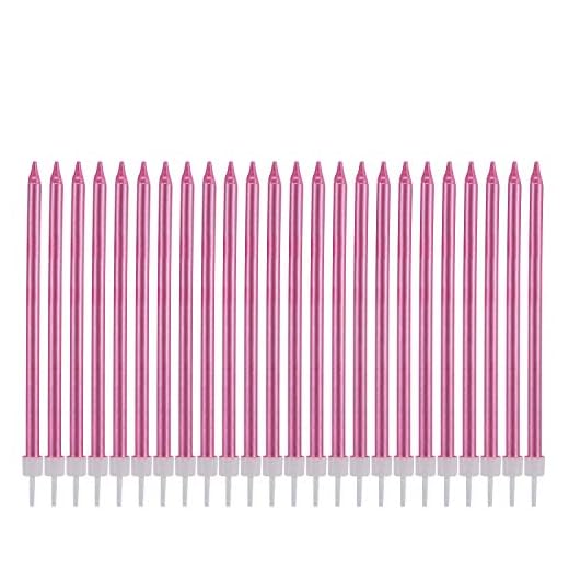 Velas metálicas de feliz cumpleaños altas para tartas de cumpleaños, portavelas largos y delgados para decoración de bodas y fiestas (24 piezas rosa metálico)