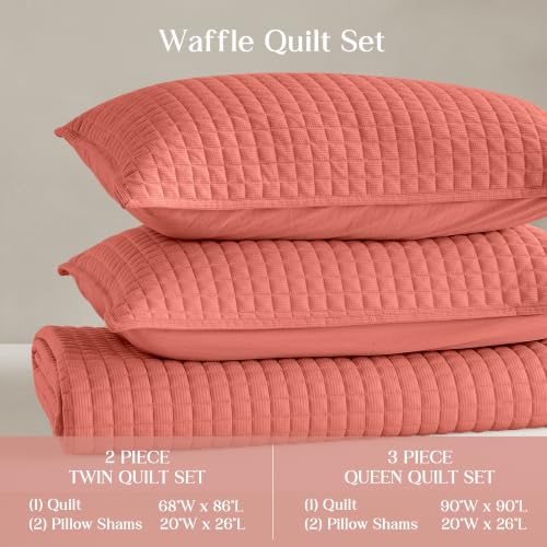 Image of Wonderful 3 Piece Waffle Weave Quilt Set Full Size, Coral Lightweight Bedspread Coverlet for All Season, Ultra Soft Microfiber Bedding Set with 2 Pillow Shams, Waffle Pattern Quilted Design 90 inchx90 inch