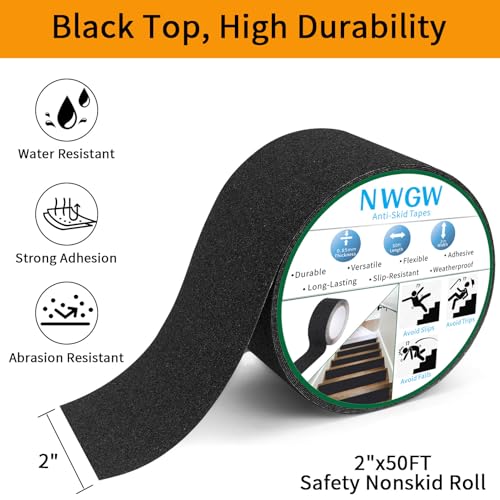 Image of Black Anti-Slip Stair Treads Tape,2 inch x50FT Heavy Duty PVC Non-Skid Grip Tape for Wooden Steps, Indoor /Outdoor Stairs, Pool Decks - Peel & Stick Waterproof Safety Traction