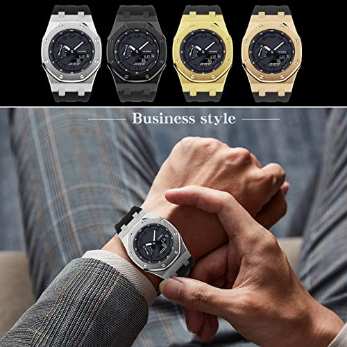 Image of GA2100 Stainless Steel Watch Case with Metal Watchband and Rubber Strap Mod Kit - Compatible with GA-2100 /GA-2110 /GA-B2100 Series - Watch Part Replacement