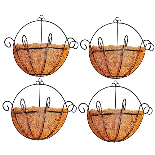 LáLáGreen ShopLaLa Macetas de Pared para Exterior 4 Pack, 25 cm, Cestas Colgantes de Metal Negro con Forro de Coco, Soporte para Valla y Barandilla, Balcón, Patio y Jardín, Maceteros para Hierbas