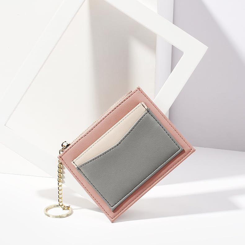 Miniatura 9 de Cartera pequeña con llavero para mujer, tarjetero minimalista con monedero, bonita cartera delgada para mujeres y hombres, Rosado
