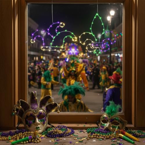 2 luces de Mardi Gras para ventanas con flor de lis y máscara con ventosa 3
