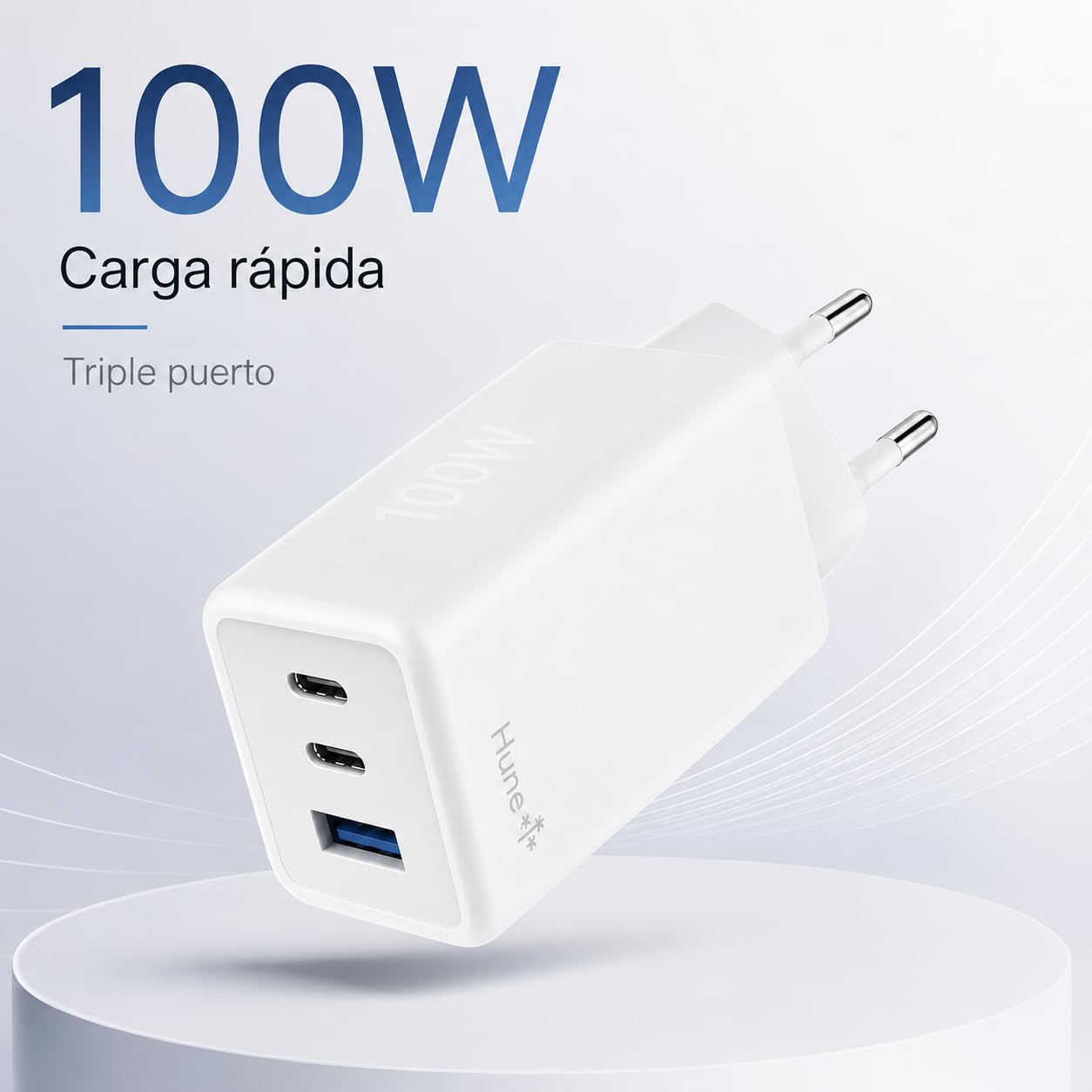 HUNE Huron 100 W, caricatore da parete triplo 2 USB-C e 1 USB-A, GaN e PPS, 100 W, ricarica rapida, plastica riciclata certificata, compatibile con laptop, tablet e cellulari