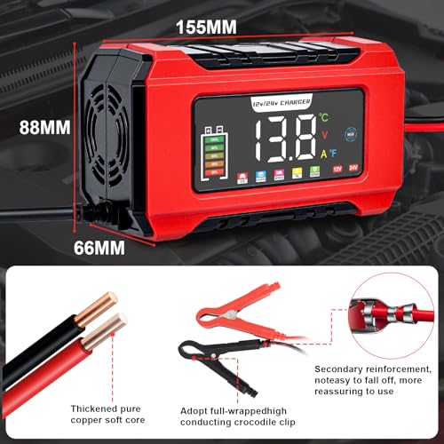 Cargador de Batería de Coche, 12V 15A/24V 8A Cargador Baterias Coche y Moto, Inteligente Cargadors de Batería con Pantalla LCD, Protección Seguridad Múltiple para Auto Moto Camión AGM Gel SLA LiFePO4 - imagen 4