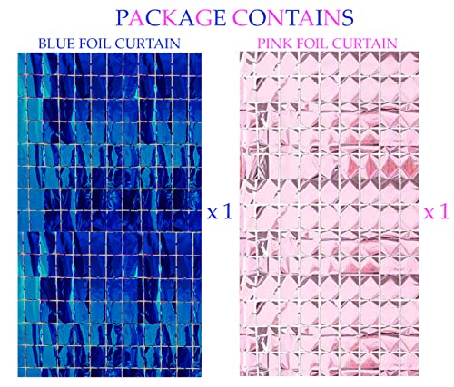 Image of AMFIN (Pack of 2) Square Foil Curtains for Birthday Decoration Photo Booth Props Backdrop Baby Shower Bachelorette Party Decorations - Blue & Pink