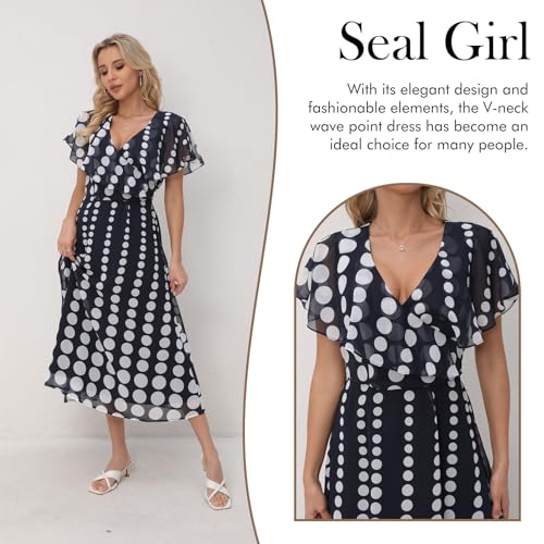 Image of Women's Casual Summer Dot Dress - V-Neck Short Sleeve Boho Dress, Wedding Guest Navy