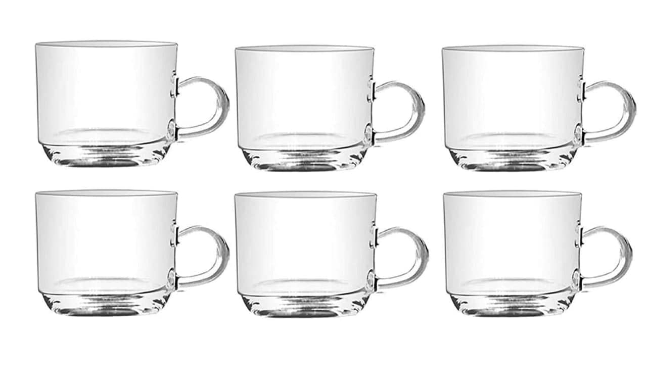 PATRANI FASHION | Crystal Round Tea Cups 210 ML Set of 6 Glass Transparent Coffee Mugs with Handle, Clear Glass Tea Cup Set for Coffee, Tea, Milk, Hot & Cold Beverage Design Tea Cup