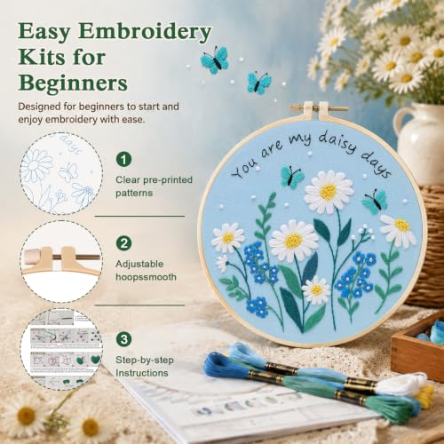 Image of Louise Maelys Daisy Quote Embroidery Kit for Beginners, Blue Floral Craft
