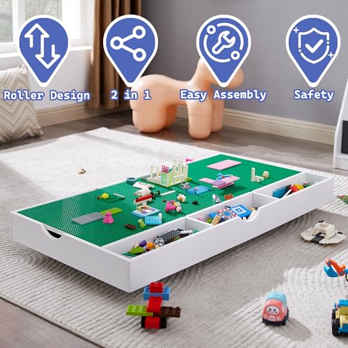 3 in 1 construction play table compatible with lego game table with block board and train car rolling game table with locking wheels and storage space suitable for storing under bed or sofa white