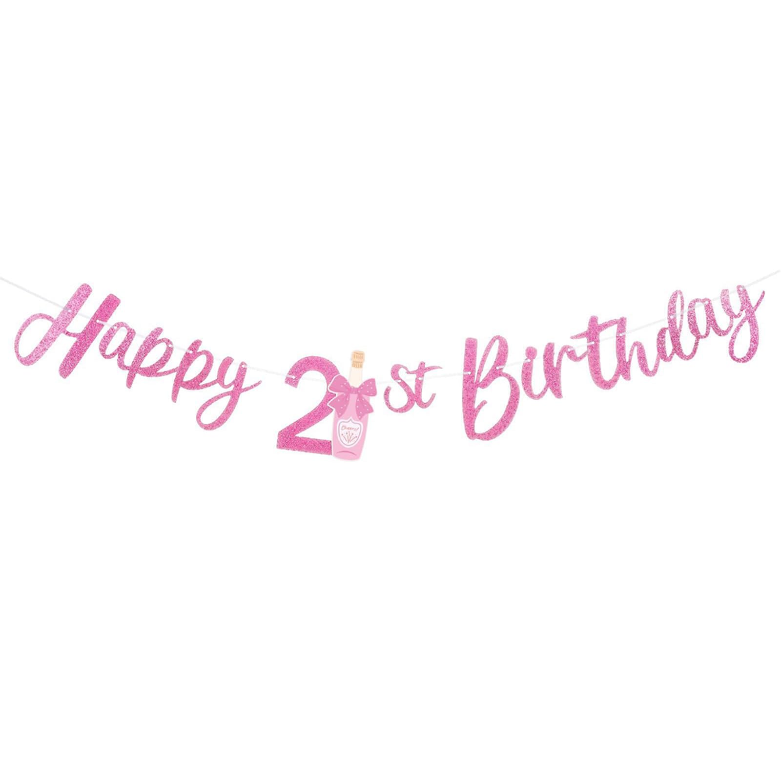21st Birthday Banner Decorations - Pink Champagne Design Happy 21st Birthday Sign - Durable Cardstock Banner for Girls Party Decor - Easy to Hang Photo Backdrop (2m Length)