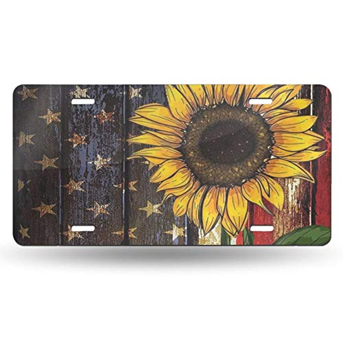 Red Line American Flag Sunflower License Plate Frame Aluminum Metal Covers,Metal Novelty Car Plate for Women Girls Men Boys 6 X 12 Inch