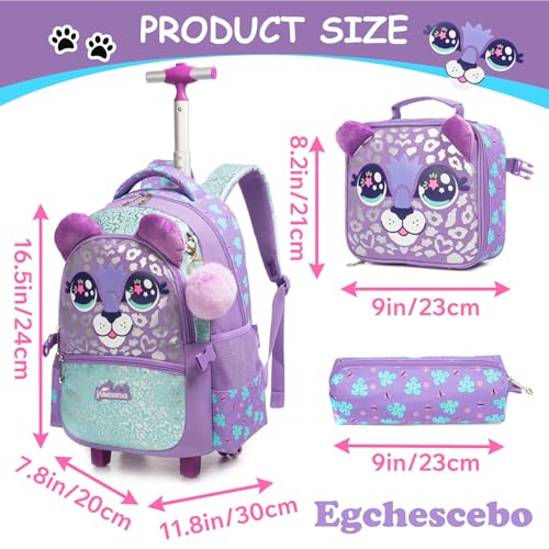 Egchescebo Kids Rolling Animal Backpack for Girls Trolley Suitcases Luggage Travel with Wheels Bookbag Wheeled 17" 3PCS Roller Backpacks Set Toddler Back Pack School Bags for Elementary Purple2