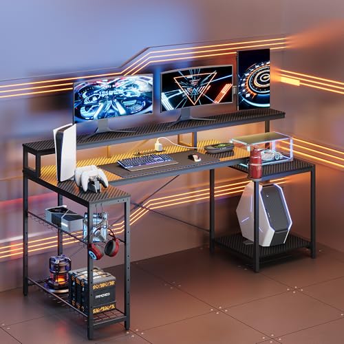 Bestier 181CM L-Shaped Gaming Desk with RGB LED Lights, Power Outlets, USB Ports, Carbon Fibre Surface, Monitor Stand, Storage Shelf, Cup Holder & Headset Hook - Image 9