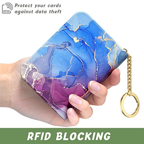 Image of Aiawoxc Credit Card Holder for Women, Small RFID Wallet Slim Leather Card Organizer Case with Zipper and Keychain, Purple Marble