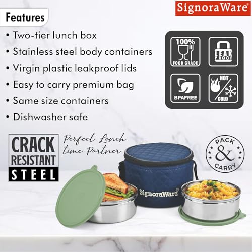 Image of SignoraWare Big Meal Stainless Steel Container Set | Airtight & Leakproof | Durable & Rust-Free | Ideal for Office, School, Home & Outdoor Use (800ml+800ml | Set of 2 | EGreen)