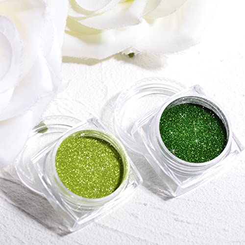Image of Green Chrome Nail Powder, 2 Jars Nail Art Magic Mirror Powder Chrome Pigment Powder Green Apple Raisins Chrome Nail Powder Manicure Tips with Sponge Applicators